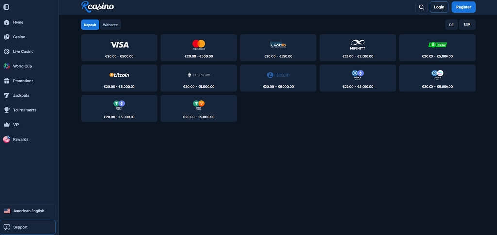 RCasino crypto and EUR payment methods